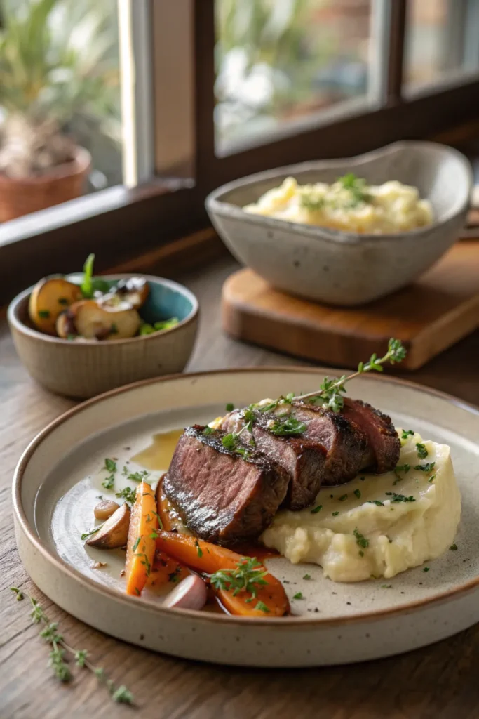 Tender slices of pan-seared beef heart served with mashed potatoes and roasted vegetables on a rustic plate.