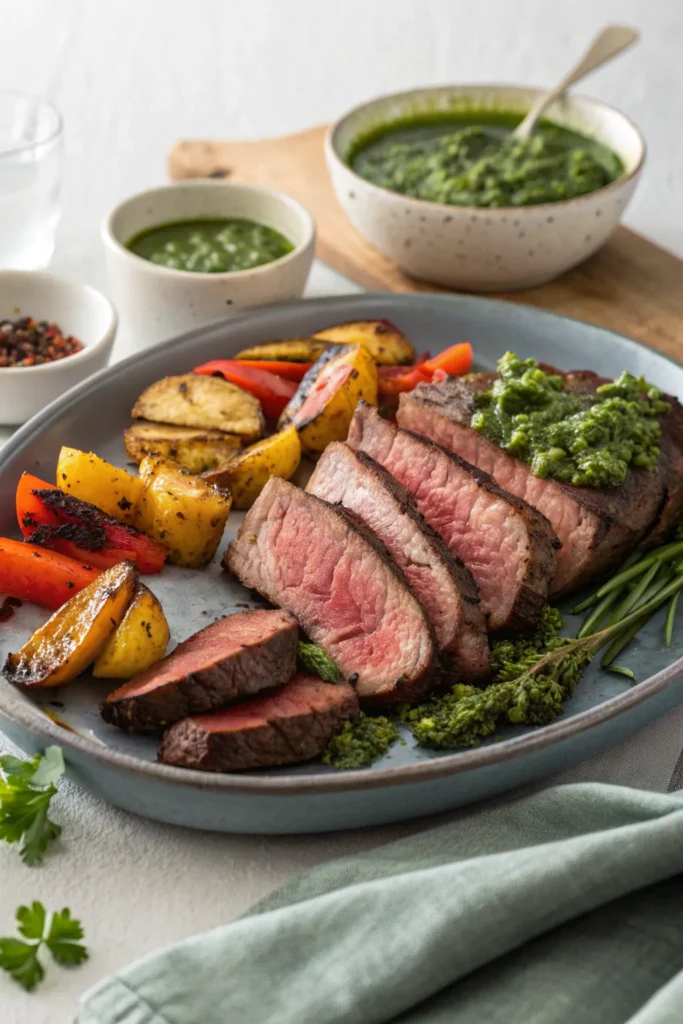 Sliced beef heart served on a platter with vegetables and chimichurri sauce.
