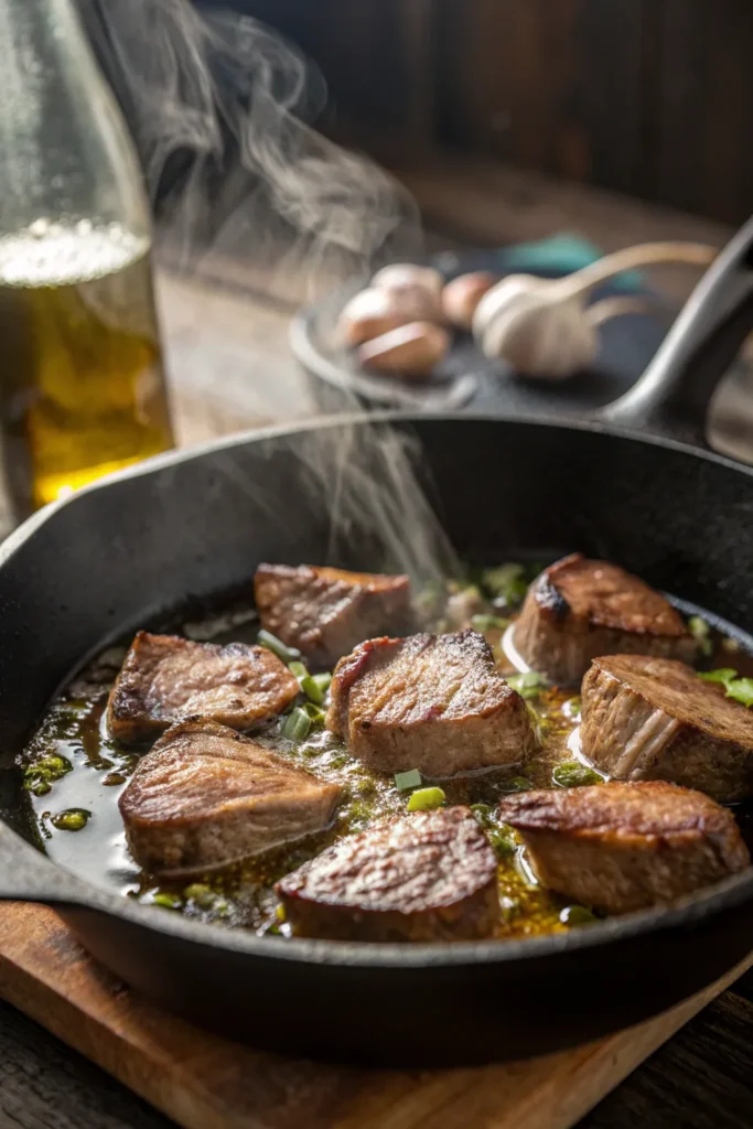 Beef heart slices sizzling in a cast-iron skillet with garlic and olive oil during cooking process.