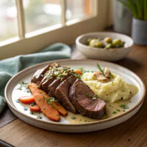 Tender slices of pan-seared beef heart served with mashed potatoes and roasted vegetables on a rustic plate.
