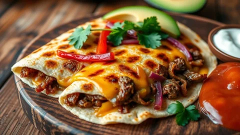 Beef quesadilla recipe served on a plate with melted cheese, golden tortilla, and fresh salsa