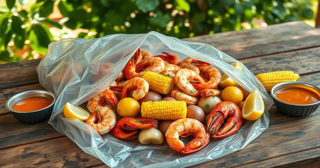 Southern seafood boil in a bag with shrimp, crab, mussels, corn, and potatoes inside a plastic steam bag