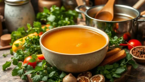 Chicken bone broth served in a clear glass jar with golden color and fresh parsley garnish