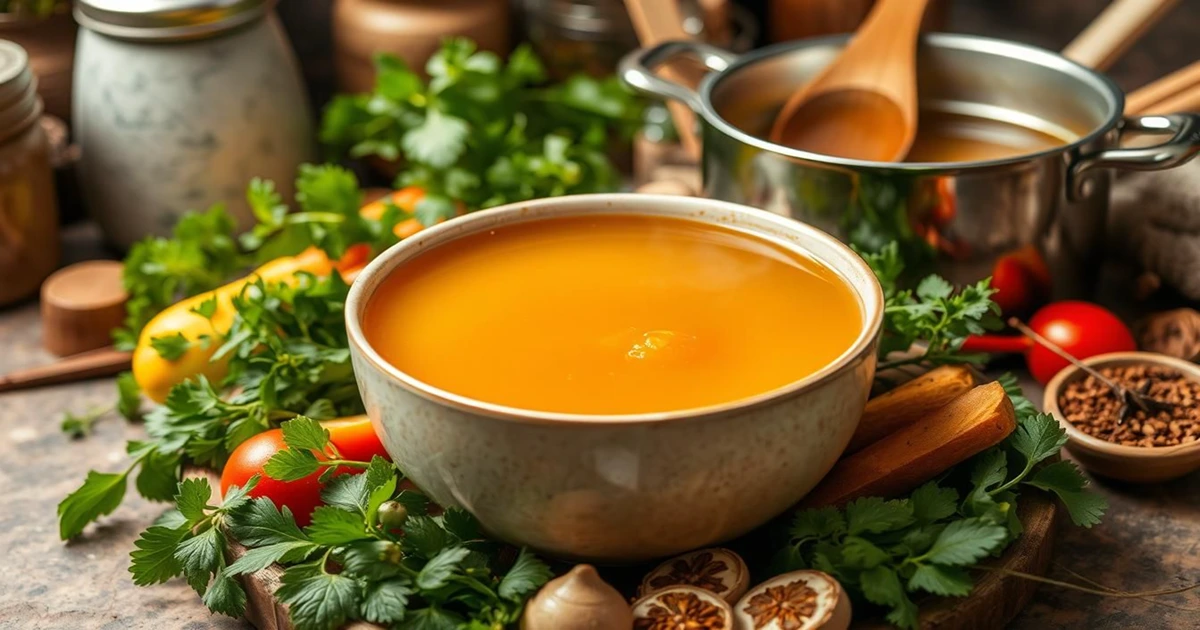 Chicken bone broth served in a clear glass jar with golden color and fresh parsley garnish