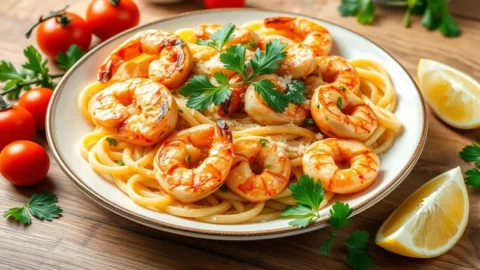 Chicken and shrimp pasta served in a white bowl with creamy sauce, fresh parsley, and Parmesan cheese.