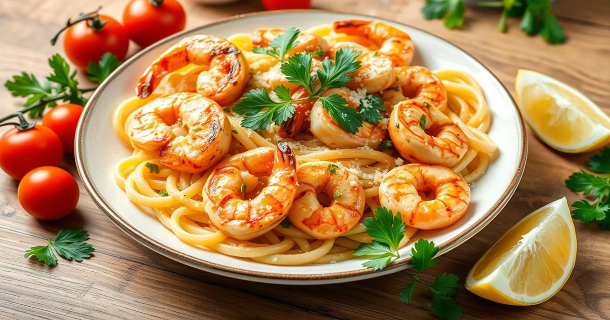 Chicken and shrimp pasta served in a white bowl with creamy sauce, fresh parsley, and Parmesan cheese.