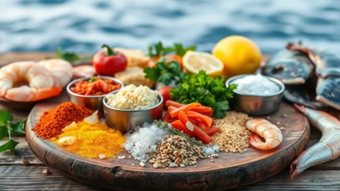 Seafood seasoning recipe displayed in a small bowl with a mix of colorful spices and herbs