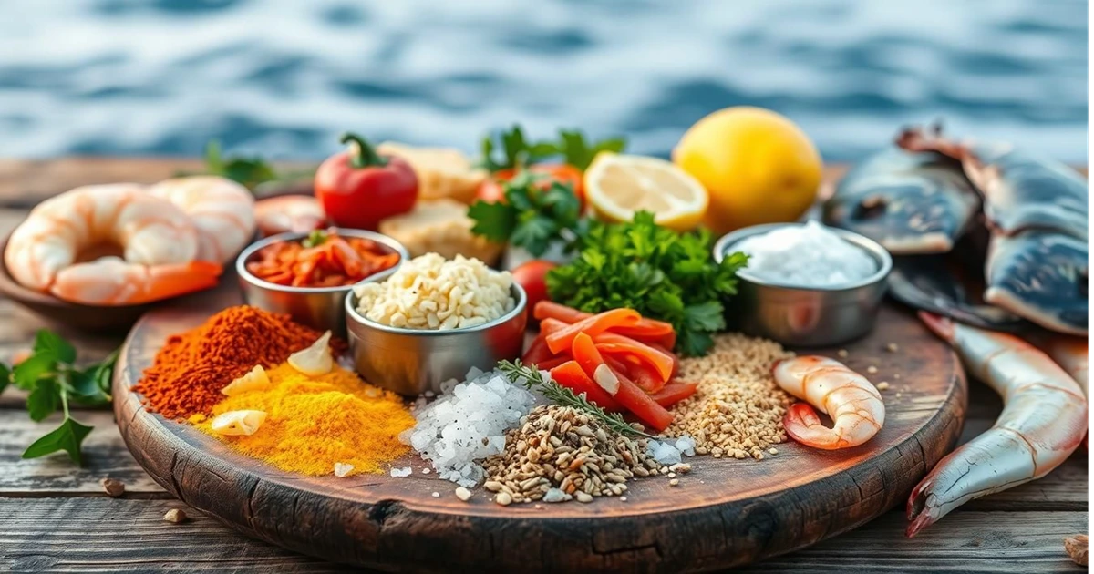 Seafood seasoning recipe displayed in a small bowl with a mix of colorful spices and herbs