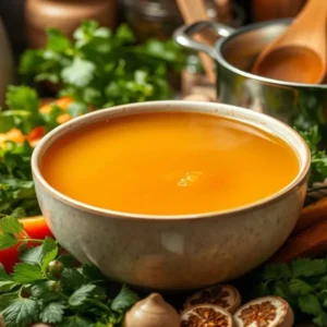 Warm bowl of homemade chicken bone broth surrounded by fresh herbs and vegetables, with a pot of simmering broth in the background