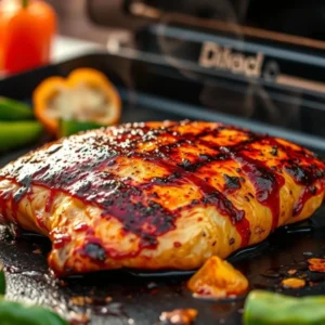 Juicy grilled chicken breast cooking on a Blackstone griddle, topped with a caramelized glaze and char marks, surrounded by peppers and seasonings