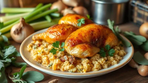 Chicken dressing recipe served on a plate with turkey and gravy for a classic meal