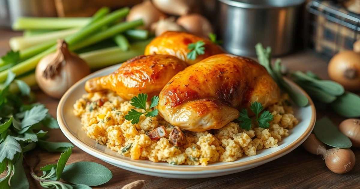 Chicken dressing recipe served on a plate with turkey and gravy for a classic meal