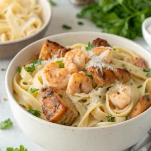 Close-up of creamy chicken and shrimp pasta with shrimp, chicken slices, and Parmesan.