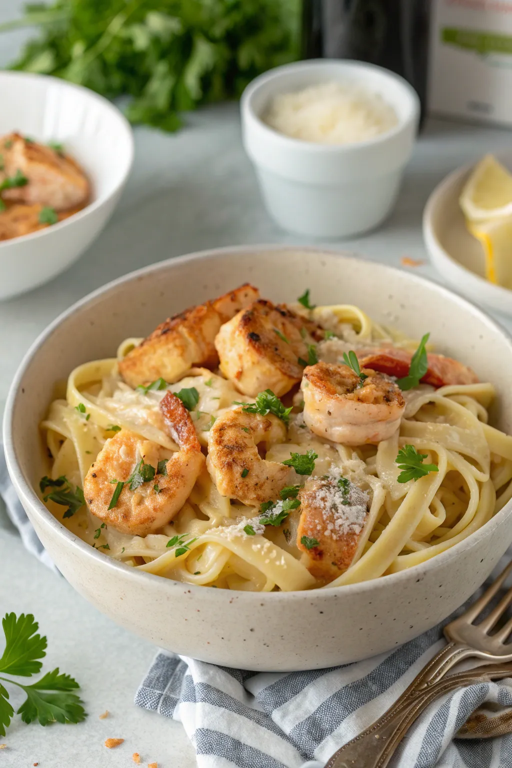 Overhead view of creamy chicken and shrimp pasta on a plate with Parmesan and parsley.