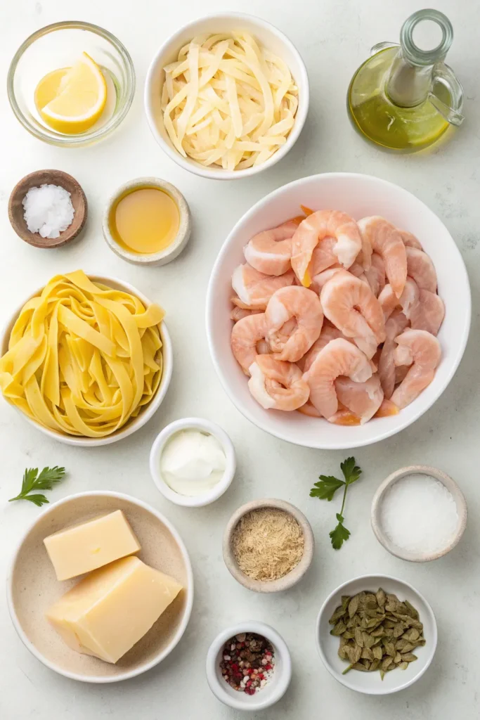 Flat-lay of chicken, shrimp, fettuccine, cream, butter, garlic, Parmesan, and seasonings for chicken and shrimp pasta.