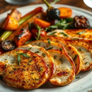 Oven-baked thin-sliced chicken breasts served with roasted vegetables, lightly browned and garnished with fresh herbs