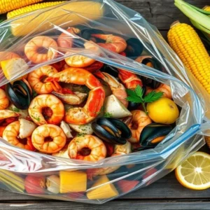 Seafood boil in a bag filled with shrimp, crab legs, mussels, corn, and lemon slices