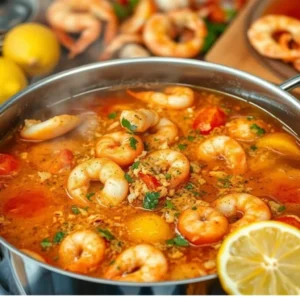 Seafood boil sauce simmering in a pot with shrimp, lemon slices, and herbs