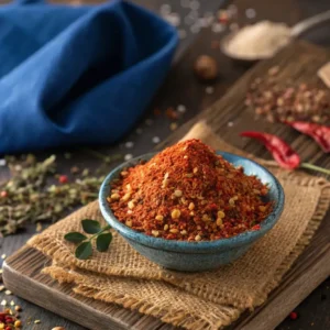 Bowl of homemade seafood seasoning blend with chili flakes, herbs, and spices on a rustic wooden board
