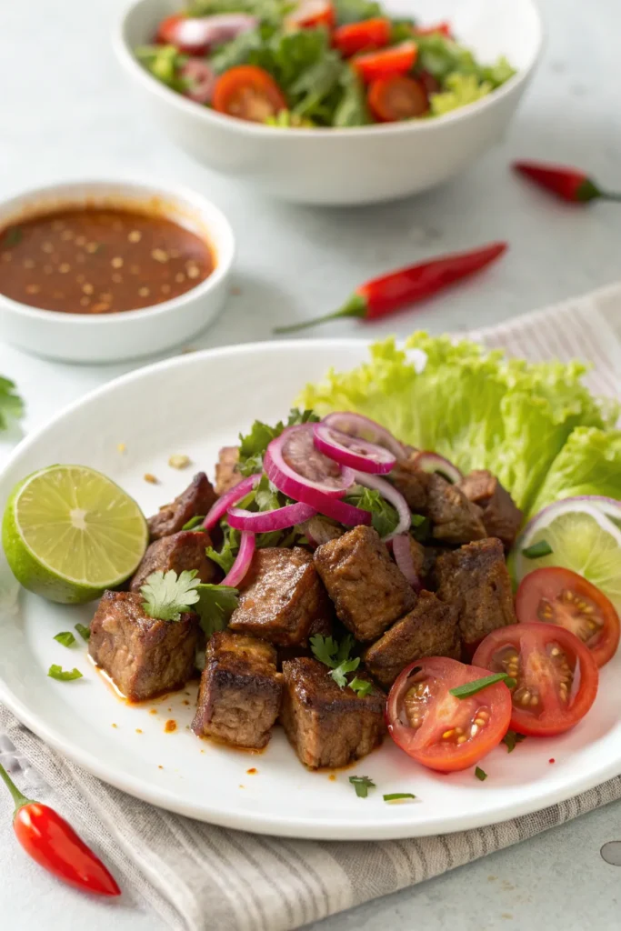 Bò Lúc Lắc served with greens, tomatoes, and lime-pepper sauce.