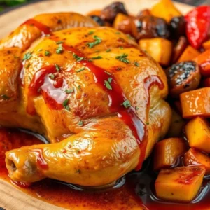 Golden baked chicken leg quarter covered in glossy red sauce, served with roasted vegetables like potatoes, carrots, and mushrooms on a wooden platter