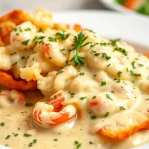 Creamy lobster thermidor topped with fresh herbs served on a white plate