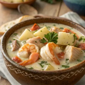 Creamy seafood chowder in a bowl with shrimp, fish, potatoes, and parsley.