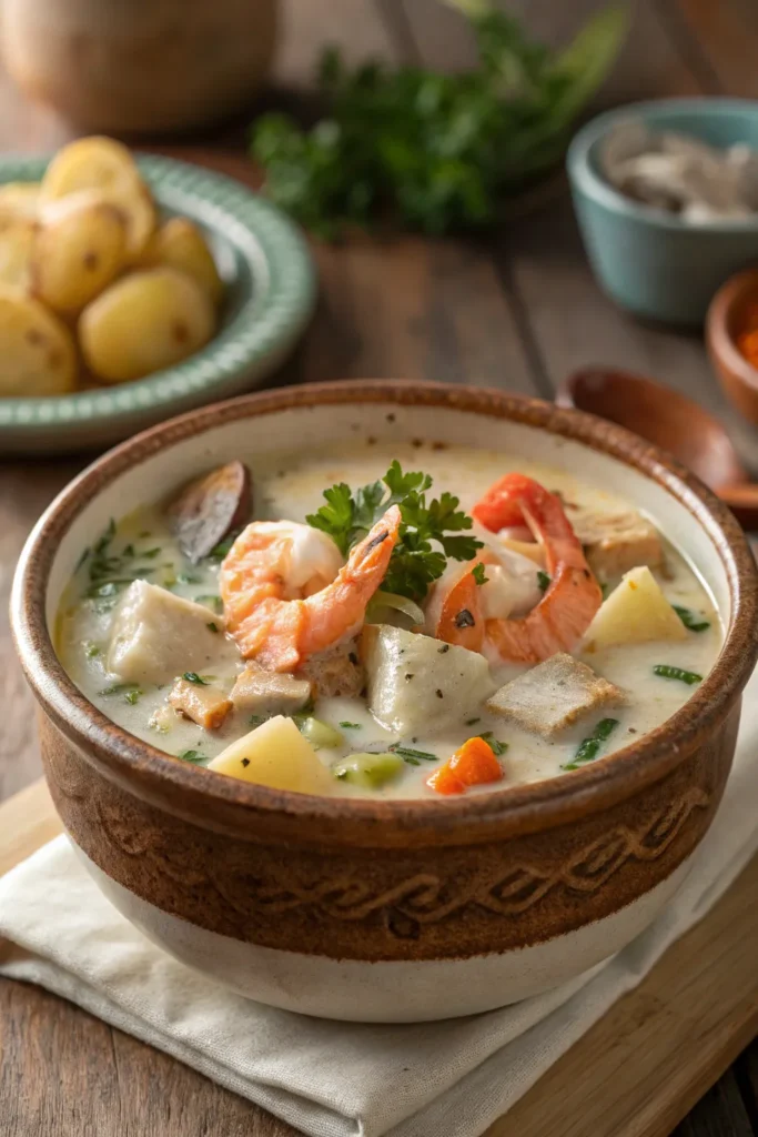 Close-up of creamy seafood chowder with shrimp and potatoes.