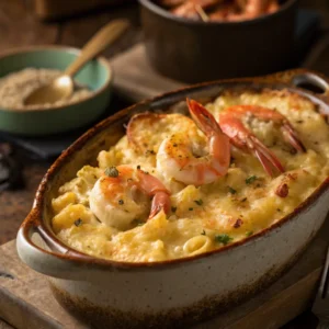 Golden baked seafood mac and cheese with shrimp and crab on top