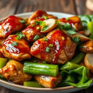 Close-up of tender ginger chicken glazed in a glossy, red-hued ginger–garlic sauce, served with fresh green onions and vegetables, beautifully plated on a rustic dish.