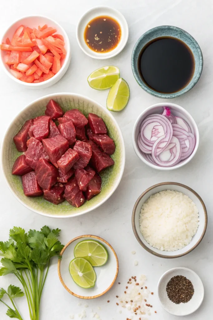 Flat-lay of ingredients for Vietnamese Shaking Beef including cubed beef, sauces, garlic, and red onion.