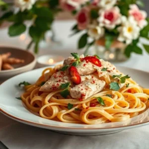 Creamy marry me chicken pasta served with tender chicken strips over linguine, garnished with fresh herbs and red pepper flakes, plated elegantly with soft romantic lighting in the background