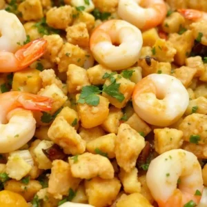 Close-up of seafood stuffing made with golden cornbread cubes, shrimp, and fresh herbs