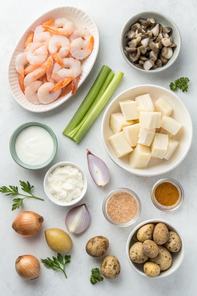 Creamy seafood chowder in a bowl with shrimp, fish, potatoes, and parsley.
