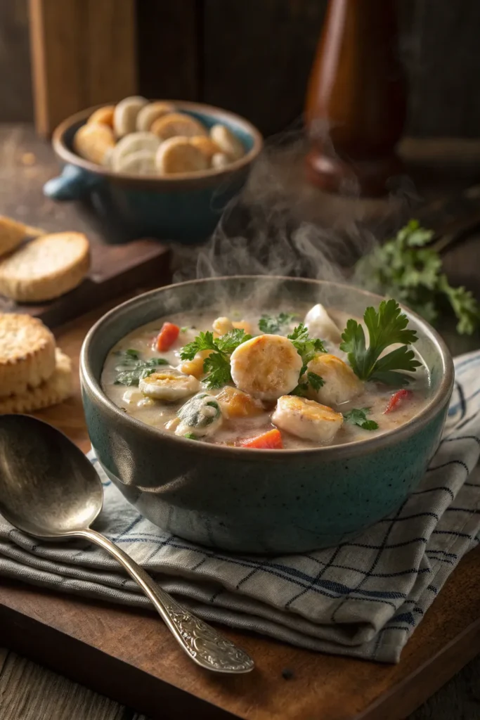 Seafood chowder served with oyster crackers and parsley.