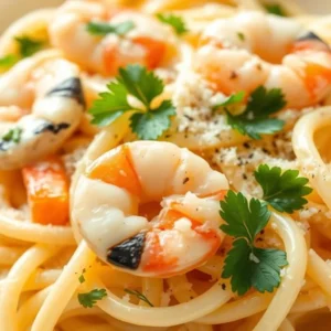 Creamy seafood fettuccine alfredo topped with shrimp, parsley, and grated Parmesan
