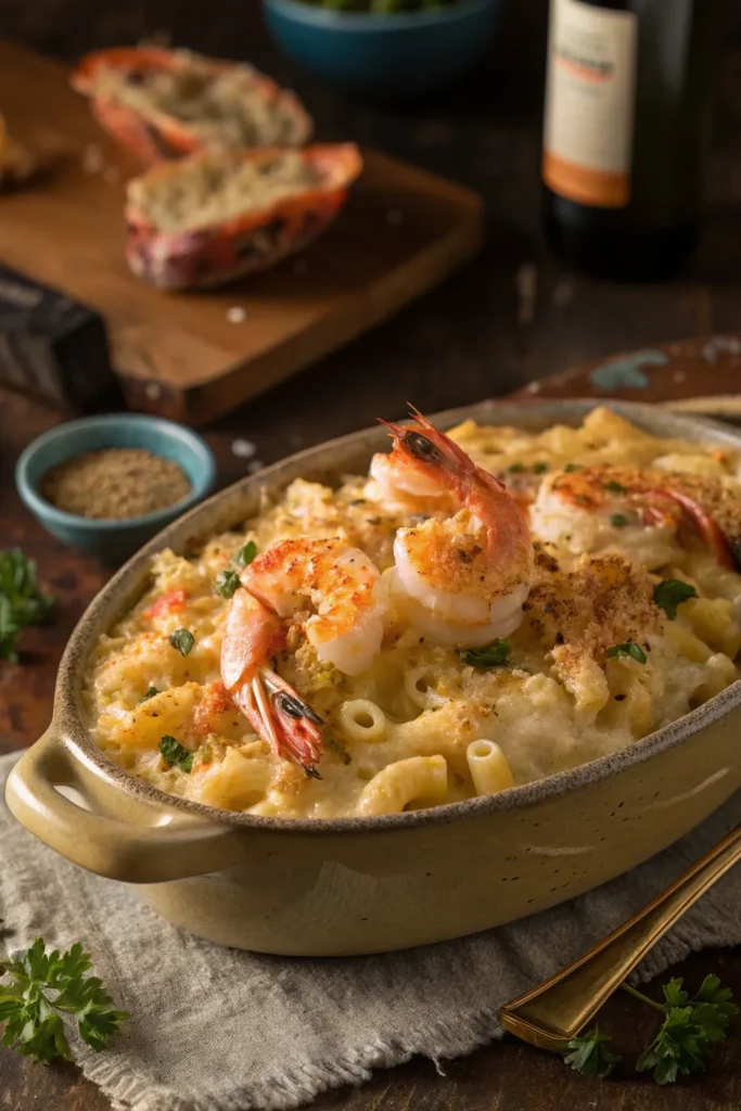 Seafood mac and cheese served in a bowl with shrimp, crab, and parsley.