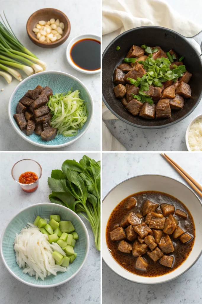 marinated beef, beef searing in a wok, onions added, and the finished Vietnamese Shaking Beef served with greens and lime-pepper sauce.