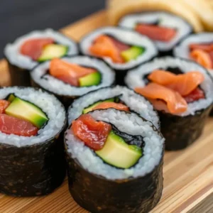 Close-up of fresh sushi rolls filled with salmon, tuna, and cucumber wrapped in nori and sushi rice.