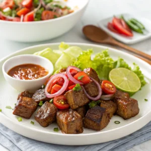 Vietnamese Shaking Beef served with red onions, lettuce, tomatoes, and lime-pepper dipping sauce.