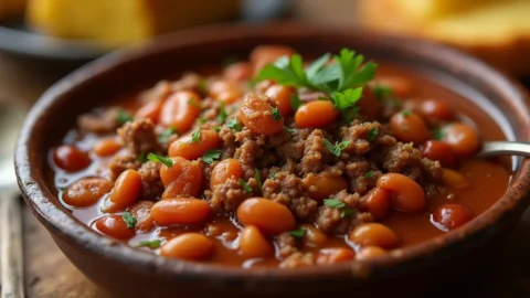 Baked beans with ground beef recipe served in a cast iron skillet with melted cheese and parsley garnish.