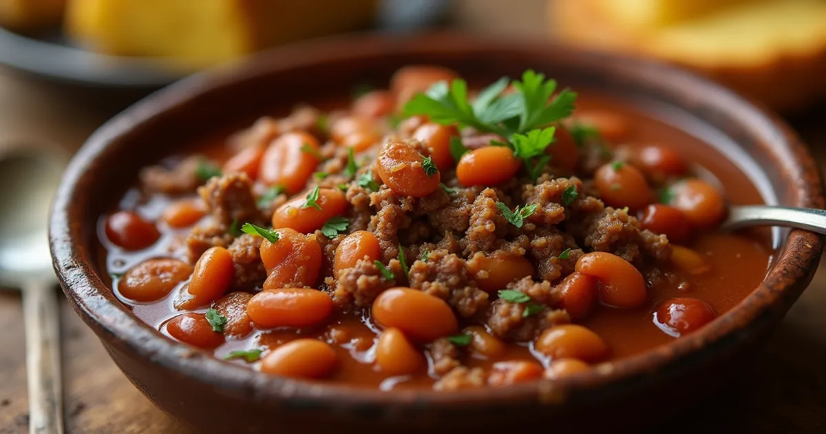 Baked beans with ground beef recipe served in a cast iron skillet with melted cheese and parsley garnish.