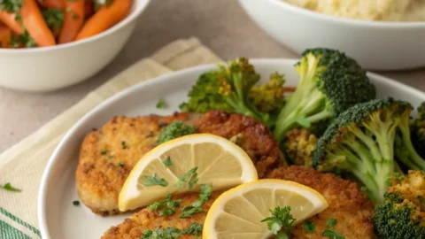 Baked chicken cutlet recipes served on a plate with golden crispy crust and lemon wedges.