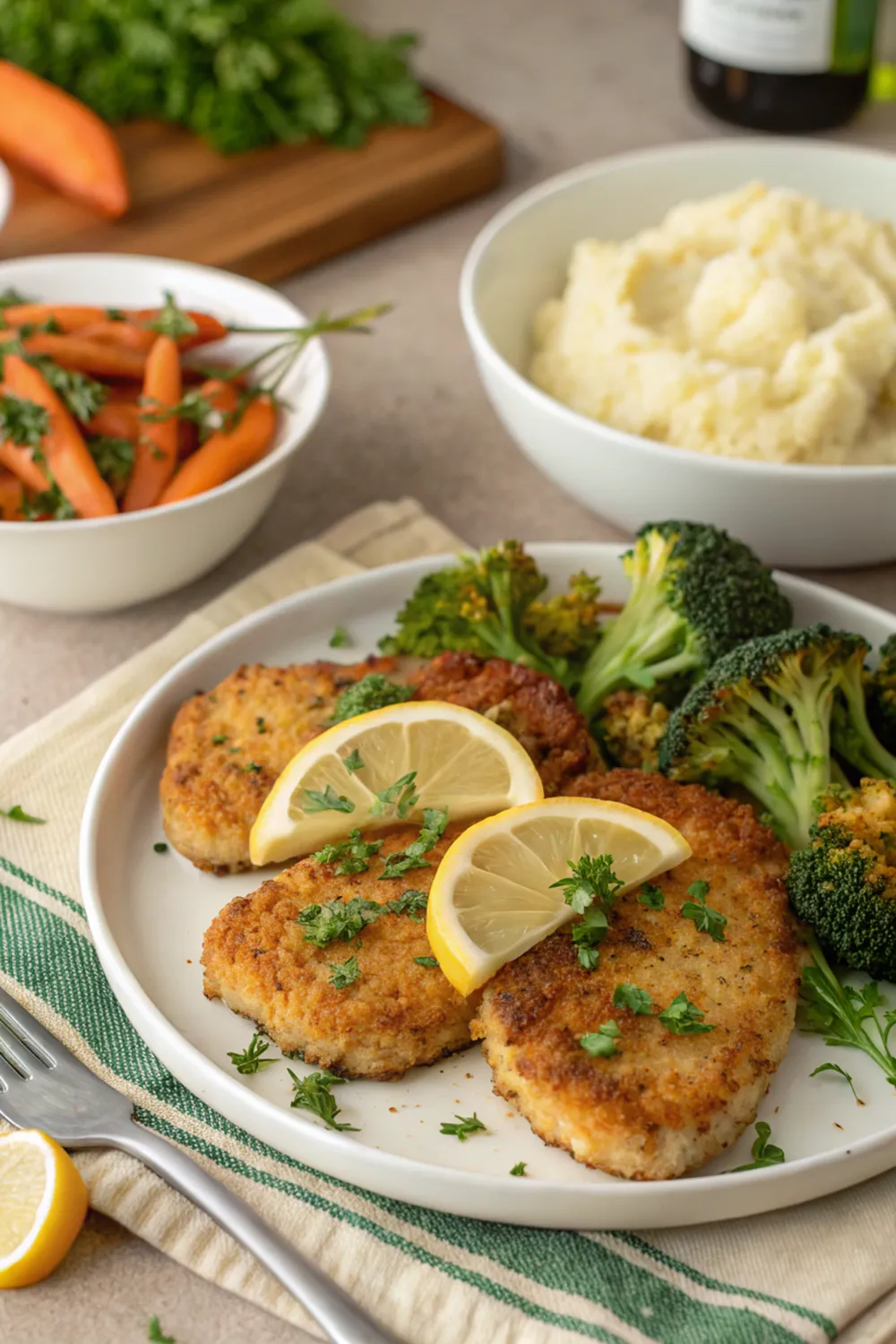 Baked chicken cutlet recipes served on a plate with golden crispy crust and lemon wedges.
