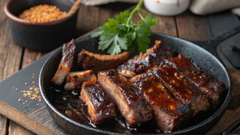 Beef back ribs recipe served on a wooden board with smoky glaze and fresh herbs