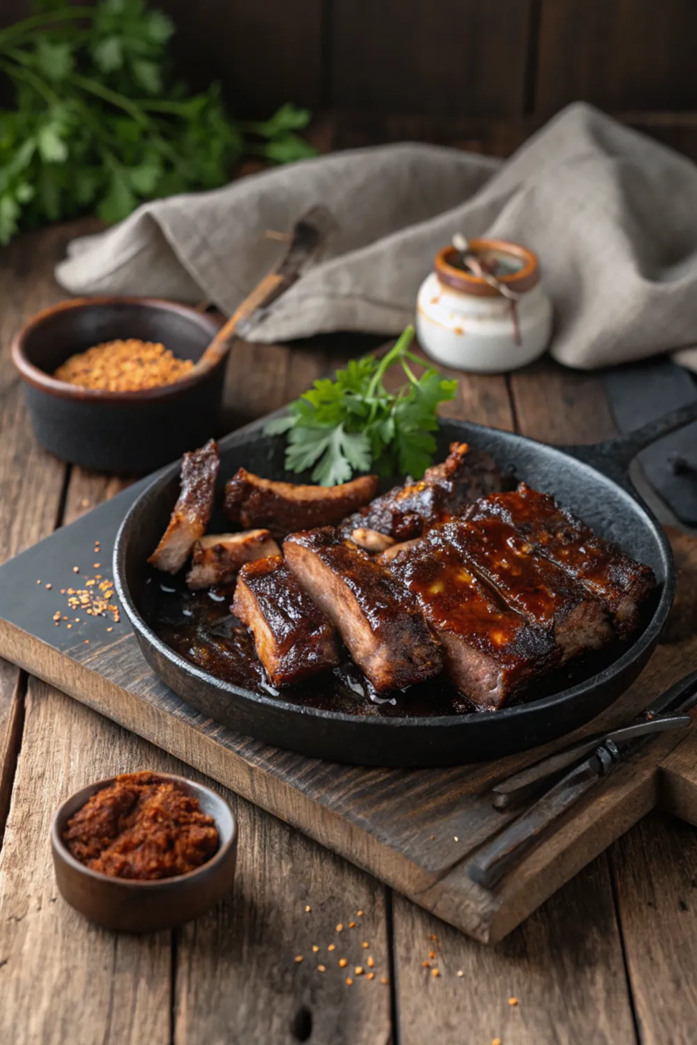 Beef back ribs recipe served on a wooden board with smoky glaze and fresh herbs