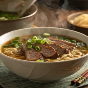 Steaming bowl of beef ramen noodles topped with sliced tender beef and fresh green onions in a rich broth