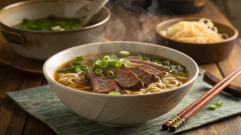 Beef ramen noodle served in a bowl with tender beef slices, soft-boiled egg, and fresh green onions