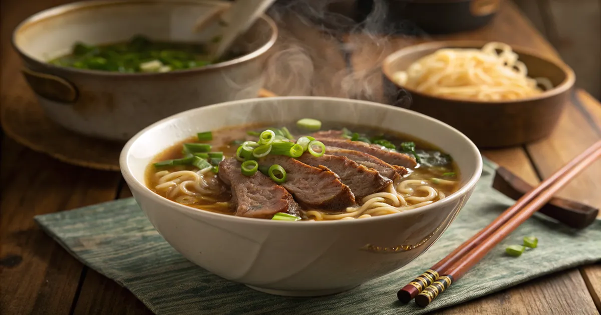 Beef ramen noodle served in a bowl with tender beef slices, soft-boiled egg, and fresh green onions
