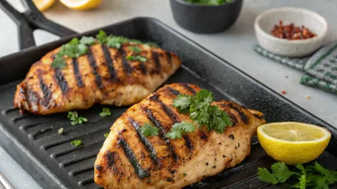Close-up of Blackstone chicken recipes showing juicy grilled chicken pieces with charred edges.
